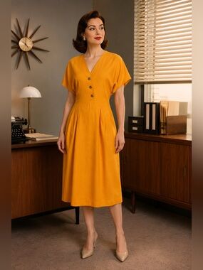 Vintage Mad Men Secretary Chic Mustard Linen Blend Midi Dress M/L